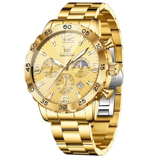 OLEVS Gold Watches for Men Luxury Stainless Steel Mens Watches Chronograph Large Wrist Watch for Man Waterproof Fancy Analog Watch Men Date Dress Golden Arabic Numerals Moon Phase Reloj para Hombre - Image 1