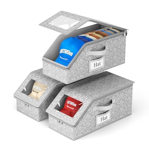 Soarine 3 PCS Stackable Hat Storage, Hold Up to 36 Caps Hat Organizer for Baseball Caps, Clear Hat Boxes for Men with Cardboard, Grey - Image 1