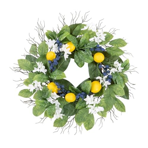 U'Artlines 24 Inch Lemon Wreath for Front Door, Spring Summer Door Wreaths with Fake Lemons Blueberry Greenery Wreath for All Seasons Window Wall Wedding Indoor Outdoor Decor - Image 1