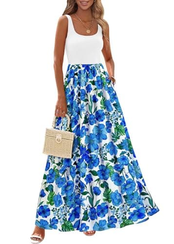 KIRUNDO Women Summer Sleeveless Boho Floral Maxi Dress 2026 Scoop Neck Tank A Line Flowy Beach Vacation Resort Wear Sundress(Blue Floral, Medium) - Image 1