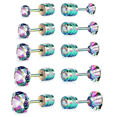 VOLUKA Titanium Earrings for Sensitive Ears, 5 Pairs Screw Back Hypoallergenic Surgical Grade Titanium Cubic Zirconia Stud Earrings for Women Men - Green - Image 1