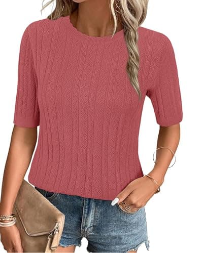 Arach&Cloz Womens Summer Sweater 2026 Spring Tops Business Trendy Dressy Short Sleeve Casual Blouses Outfits Crew Neck Fashion Clothes Knit Pullover Cute Shirts Vacation Dusty Red XL - Image 1