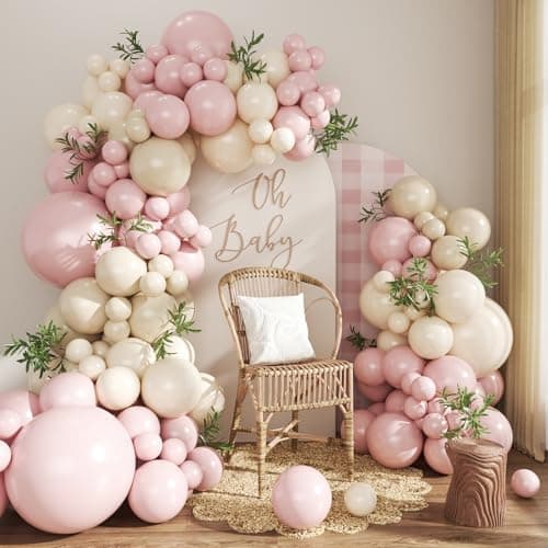 Dusty Pink Balloon Arch Garland Kit 124Pcs Boho Blush Neutral Pink White Sand White Balloons Different Size for Girls Baby Shower Birthday Wedding Gender Reveal Party Decorations - Image 1