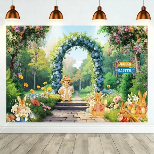 Lednica Happy Easter Photo Backdrop, Rustic Hydrangea Easter Decoration with Bunny Eggs, Spring Floral Arch Garden Banner for Home Decor & Party Supplies, 71×43'' - Image 1