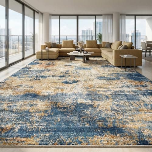 Cnythlis 9'x12' Abstract Distressed Area Rug, Washabele Rugs Modern Contemporary, Soft Low-Pile Carpet for Living Room, Bedroom, Dining Room, Office | Stain-Resistant & Non-Slip, Navy Blue & Gold - Image 1