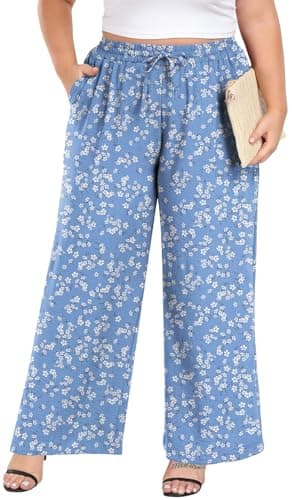 Lastshe Womens Plus Size Pants High Waist Pockets Trousers Boho Beach Pants Stretchy Drawstring Waistband Casual Trousers Pants with Pockets,Blue Small FL,3X - Image 1