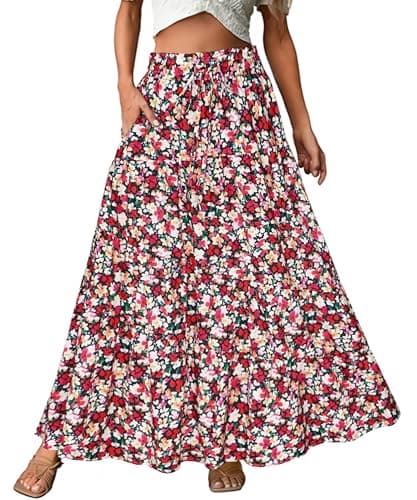 ECOWISH Women Boho Maxi Skirt: Summer Asymmetric Tiered Drawstring Elastic High Waist A-Line Flowy Long Skirts with Pockets 441 Red Flower M - Image 1