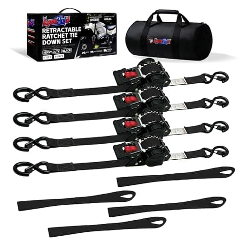 Retractable Ratchet Straps (4-Pack) - Heavy Duty Auto Slow Retraction Tie Down Straps - 1 Inch x 13 Feet (1,800lb Break Strength) for Truck, Cargo Trailer, Motorcycle, ATV, UTV - Black - Image 1