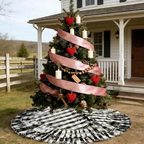 Black and White Buffalo Plaid Christmas Tree Skirt with Ruffles, Christmas Gingham Tree Skirt Farmhouse Style 48 Inches, Rustic Winter Xmas Holiday Tree Decorations for Easter Party - Image 1