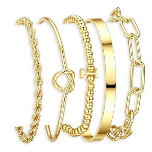 Turandoss Initial Bracelet 5PCS Set for Women Trendy, Layered 14K Gold Plated Letter I Beaded Bracelet Chunky Tie Knot Cuff Twisted Paperclip Bracelet Jewelry Personalized Jewelry Gifts for Women - Image 1