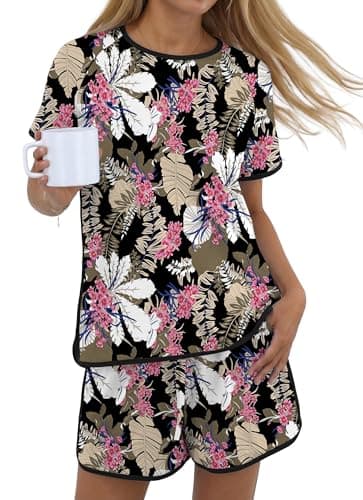 PrinStory Womens Pajama Set 2 Piece Lounge Sets Soft Pajamas Lightweight Pjs with Pockets Big Leaf Pink-3XL - Image 1