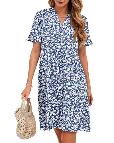 MOLERANI Short Sleeve Casual Floral Dress Women Summer Ruffle V Neck Flowy Sundress Button Spring Tshirts Dresses Lightweight Elegant Beach Cruise Outfits 2026, GY BU S Floral, XL - Image 1
