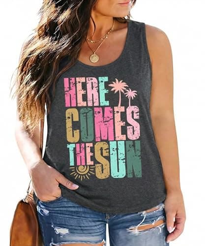 NANYUAYA Plus Size Beach Tank Top Sleeveless Vacation Tee for Women Coconut Tree Graphic Hawaiian Shirts for Summer Cruise Outfits Grey - Image 1