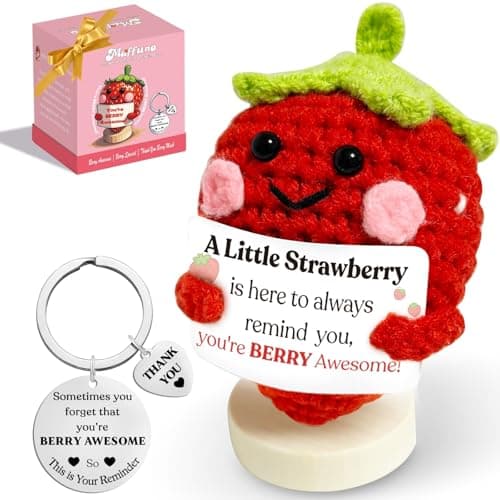 Maffuno Positive Crochet Strawberry Gifts for Women: Easter Basket Stuffers Birthday Gifts for Friend Daughter Mom Sister Her, Handmade Strawberry with Emotional Cheer Up Support Card (Berry Awesome) - Image 1