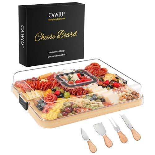 CAWIU Portable Travel Charcuterie Board with Lid and Handle - Large Bamboo Cheese Board with 4 Cheese Knife Set for Outdoor, Picnics - Weddings, House Warming Gift for Women (1 Compartment, Black) - Image 1