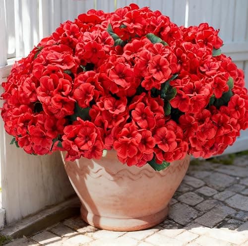 Karlliu Artificial Geranium Flowers for Outdoors: 6 PCS Realistic UV Resistant Faux Red Geranium Silk Flowers for Outdoor Planters Fade Proof Garden Fake Flowers Decor for Outside Porch - Red - Image 1
