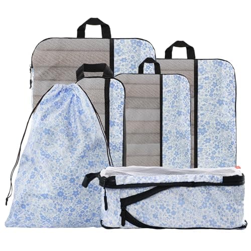 U+U 6 Set Compression Packing Cubes - Ultralight Travel Organizers with Laundry Bag, Space-Saving Suitcase Organizer for Travel, Business Trip and Family Vacation (Blue Flower) - Image 1