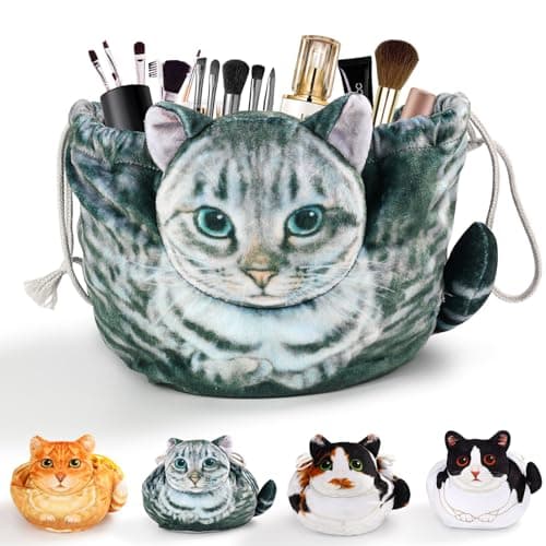 Cat Shaped Drawstring Makeup Bag for Women - Grey Tabby Cat Design Cosmetic Case - Image 1