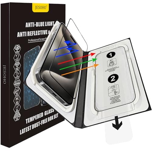 JESOHO Screen Protector for iPhone 15 pro Max (6.7 inches) Blue Light Blocking, Anti-Reflective Shatterproof HD Tempered Glass with Easy Installation Tray,Touch Sensitive,9H,2 Pack - Image 1