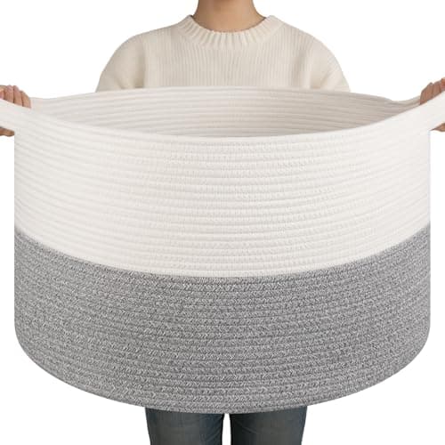 OIAHOMY 90L XXXLarge Blanket Basket for Living Room, 21.7" x 13.8" Woven Cotton Rope Laundry Basket for Organizing Pillows, Decorative Stuffed Animal Toy Storage Bin for Nursery, White and Light Grey - Image 1
