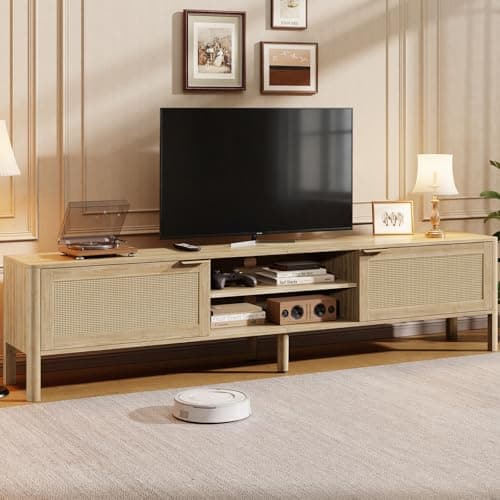 IKALIFE Rattan TV Stand for Living Room - Fits up to 65 Inch TVs, Rattan Media Console Table with Adjustable Shelves & 2 Storage Cabinets, Mid-Century Modern Entertainment Center, Oak 58" - Image 1