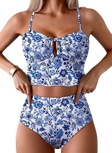Pink Queen Women Bikini Sets Sexy High Waisted Tummy Control Floral Prints 2 Piece Swimsuit Bathing Suits Sky Blue XL - Image 1