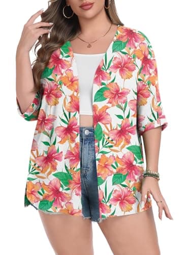 Lastshe Womens Plus Size Cardigan Short Sleeve Lightweight Cover Ups Open Front Sweaters Cardigan,Green Leaf Red Flowers,1X - Image 1