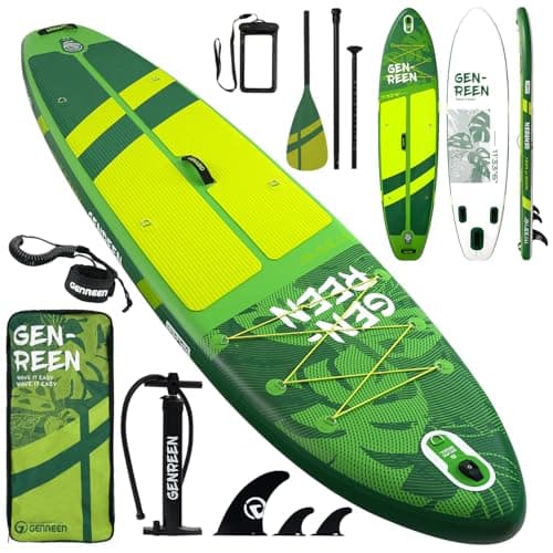 Genreen Inflatable Stand Up Paddle Board 11'33"6" 400LBS Capacity with 0.5cm EVA Deck, 3 Fins, Quality Inspection5 for Japanese Customers Ultra Stable Paddleboard (Monstera Lawn Green)