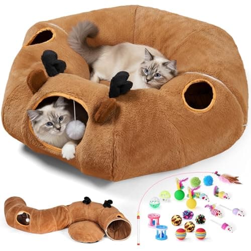 Cat Tunnel Bed with 20 Pcs Interactive Toys, 3-in-1 DIY Collapsible Plush Cat Tube with Washable Mat, Large Indoor Play Tunnel Cave for Kittens and Small Animals - Image 1