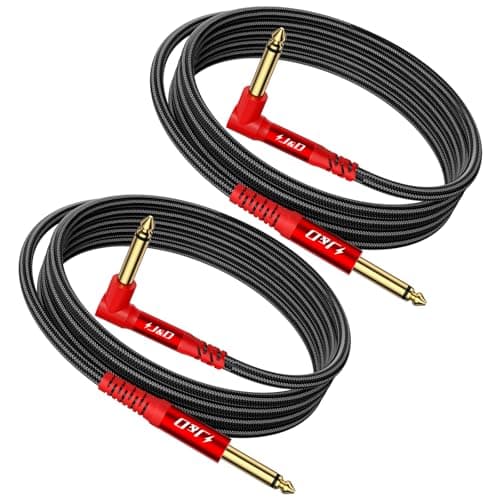 J&D Guitar Cable 2Pack, 1/4 Inch TS Instrument Cable, 6.35mm Cord for Electric Guitar, Bass, Keyboard, Amplifier, Speaker, Right Angle to Straight, Red, 6.6 Feet - Image 1
