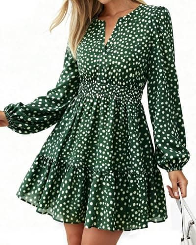 BTFBM Spring Dresses for Women 2026 Mini Long Sleeve Elastic Waist Summer Vacation Outfits Floral Wedding Guest Dress(Dot Green White, Small) - Image 1