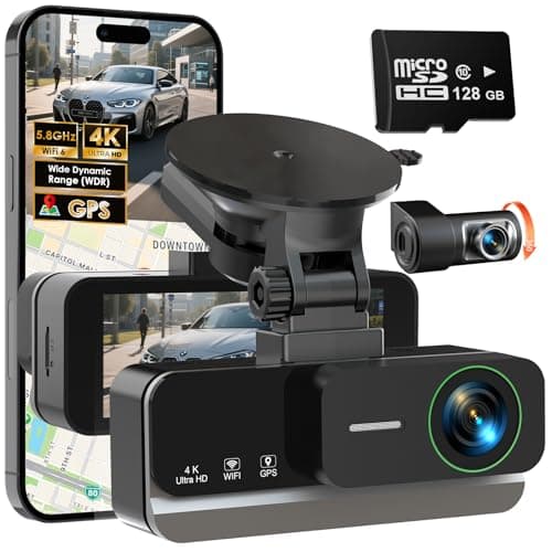 4K+4K Dash Cam Front and Rear, Free 128GB Card Included, 5.8GHz WiFi-20MB/s Fast Download, Dash Camera for Cars with Accurate GPS, G-Sensor, WDR Night Vision, 3.39" IPS Screen, 24H Parking Mode - Image 1