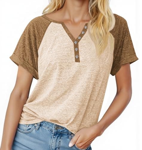 MaQiYa Womens Henley V Neck Raglan Short Sleeve T Shirts Color Block Casual Cotton Tees Shirts Tops (Z-Beige, Small) - Image 1