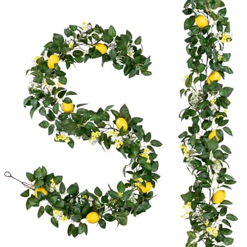U'Artlines 2Pcs Total 12 Ft Artificial Lemon Garland Spring Summer Faux Fruit Vine Garlands with Greenery for Door Wall Mantle Wedding Party Table Decorations - Image 1