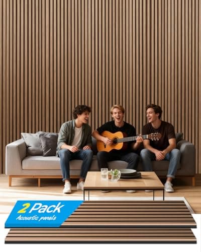 Acoustic Wall Panels, 2 Pcs 48"x11" 3D Wood Slat Soundproof Wall Panel for Interior Decor Noise Reduction for Home Theaters, Living Rooms, Bedroom and Ceiling (Walnut SGE-01)