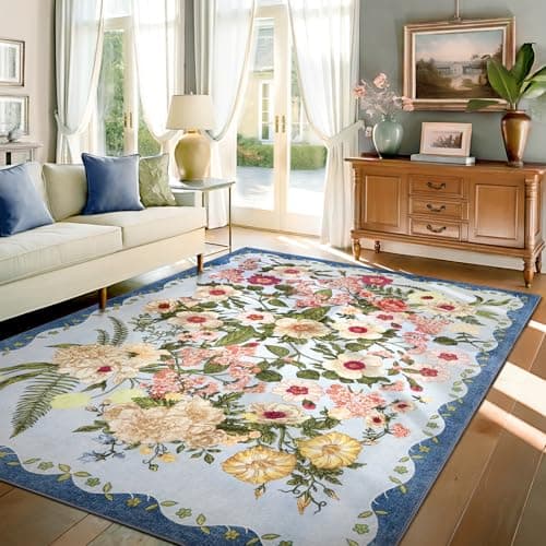 AREAMAY Floral Rug for Living Room - 4x6 Washable Area Rugs Non-Slip Soft Low-Pile Stain Resistant Carpet Unique Flower Print Vintage Indoor Rug for Bedroom Dining Room Office Nursery Room, Blue - Image 1
