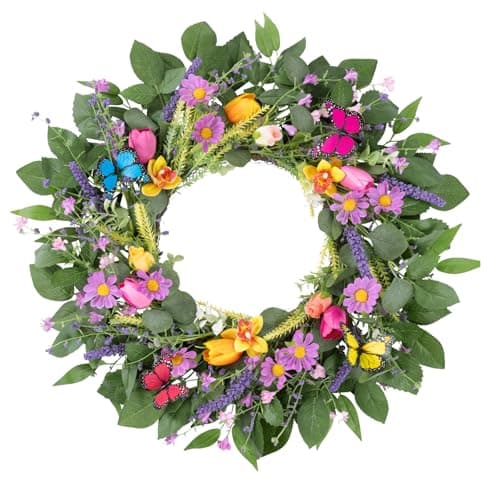 U'Artlines 22 Inch Tulip Wreath for Front Door, Spring Summer Silk Wreath with Green Leaves Colorful Butterfly Artificial Tulip Flower Wreaths for All Seasons Window Wall Wedding Valentines Day Decor - Image 1