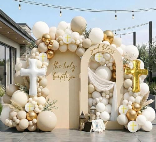 Neutral Baptism Balloon Decoration Kit with 2 Cross Foil Balloons, Double Stuffed Sand White Ivory Gold Balloon Arch Garland for First Holy Communion, Christening, God Bless Party Supplies - Image 1