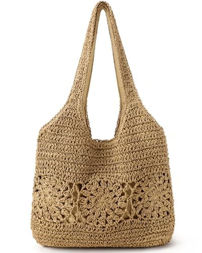 Loiyadn Beach Bag, Straw Beach Bags for Women, Floral Designed Beach Tote Lightweight Foldable Straw Bag-Khaki - Image 1