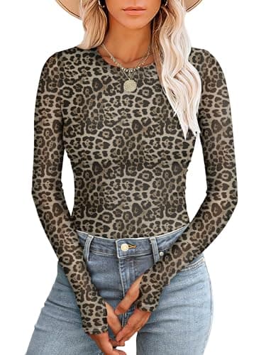 Prinbara Womens Mesh Long Sleeve Going Out Tops with Thumb Holes 2026 Spring Trendy Double Lined Fitted Cute Shirts Outfits Leopardprint Small - Image 1