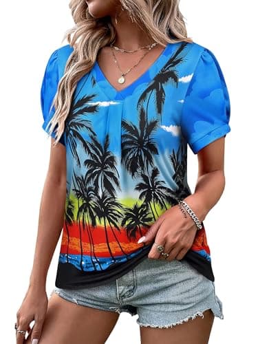 Womens Puff Short Sleeve Hawaiian Shirts Floral Tropic Printed Pleated V Neck Summer Casual T-Shirt Trendy Boho Blouses Tops Royal Blue L - Image 1