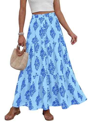 BTFBM Long Skirts for Women Summer 2026 Elastic High Waist Flowy A Line Casual Boho Tiered Floral Maxi Skirt Pockets(Light Blue Blue Flower, Medium) - Image 1
