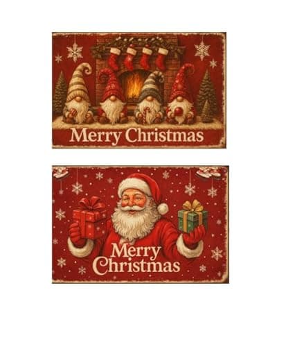 Carastora2-pack Vintage Christmas Metal Tin Sign - 8 x 12in, featuring designs of Santa Claus and an elf. Suitable for bedroom, bathroom, and home decor, and an ideal choice for holiday gifting. - Image 1
