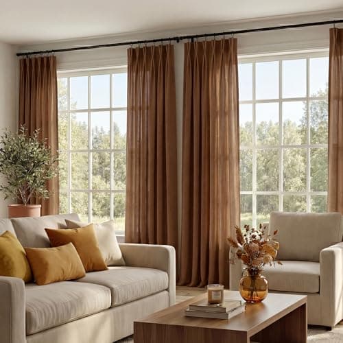 NICETOWN Pinch Pleated Gold Brown Linen Curtains 84 inch Length 2 Panels, Semi Sheer Privacy Thick Flax Light Filtering Window Treatments for Bedroom/Home Office, W40 x L84 - Image 1