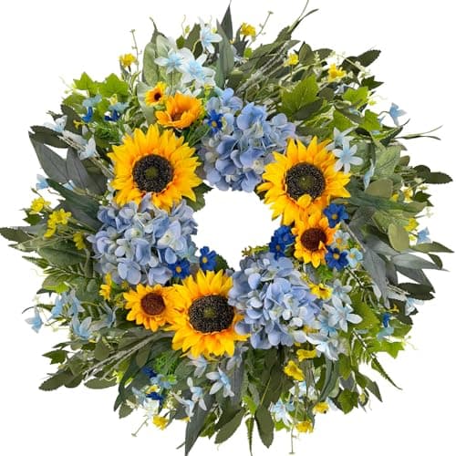 HipTree 24 Inch Spring Summer Wreath for Front Door,Handmade Yellow Blue Silk Hydrangeas & Sunflowers Floral Wreath for Valentines Day Decorations,Mothers Day,Farmhouse,Indoor Outdoor and Wall Decor - Image 1