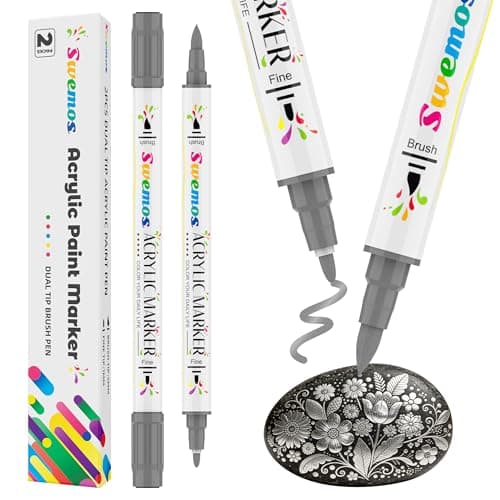 Swemos 2Pcs Silver Acrylic Paint Pens Markers, Dual Tip with Fine Tip and Brush Tip Pens Acrylic Paint Markers Waterproof Acrylic Markers Set for Rock, Canvas Stone, Wood, Glass, Metal (SILVER, 2) - Image 1