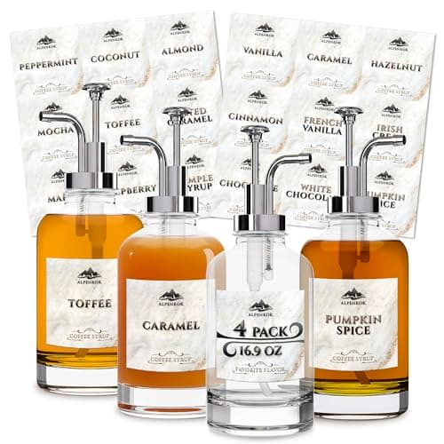 Set of 4 Glass Syrup Bottle with Pump 16.9oz 500 ml – Thick Glass Syrup Dispenser with 18 Marked Labels, Leak-Proof, Easy Cleaning – Coffee Bar Essentials for Home | Event Ready (Silver Pumps) - Image 1