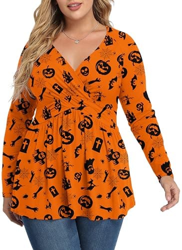 TIANZHU Women's Plus Size Tops Long Sleeve Babydoll Blouse Empire Waist Going Out & Casual, Halloween Orange, XL - Image 1