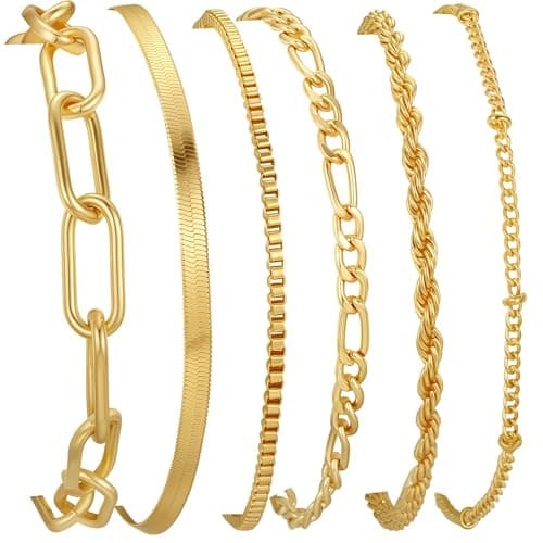 Mujahid Waterproof Gold Plated Bracelets Set for Women Trendy, Dainty 14K Gold Jewelry Fashion Stackable Tennis Beaded Figaro Herringbone Paperclip Link Bracelet Pack Stack Gifts for Women,Never Fade - Image 1