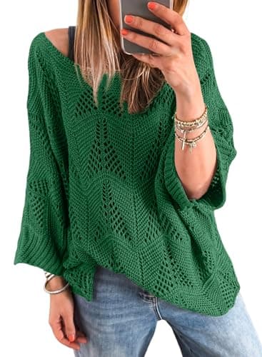 Acelitt Womens Casual Summer Long Sleeve Off Shoulder Crew Neck Lightweight Fashion 2026 Crochet Knit Pullover Sweater Green Small - Image 1